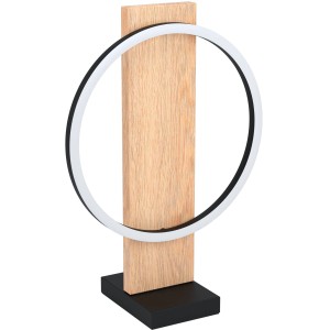 Moderne LED Tischleuchte Boyal in Schwarz-Braun mit Holz- und Metallelementen.