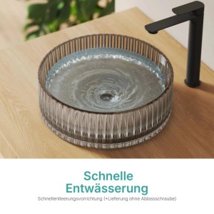 Rundes Emke Glas Aufsatzwaschbecken in Grau mit vertikaler Struktur auf Holzplatte, schnelles Entwässern.