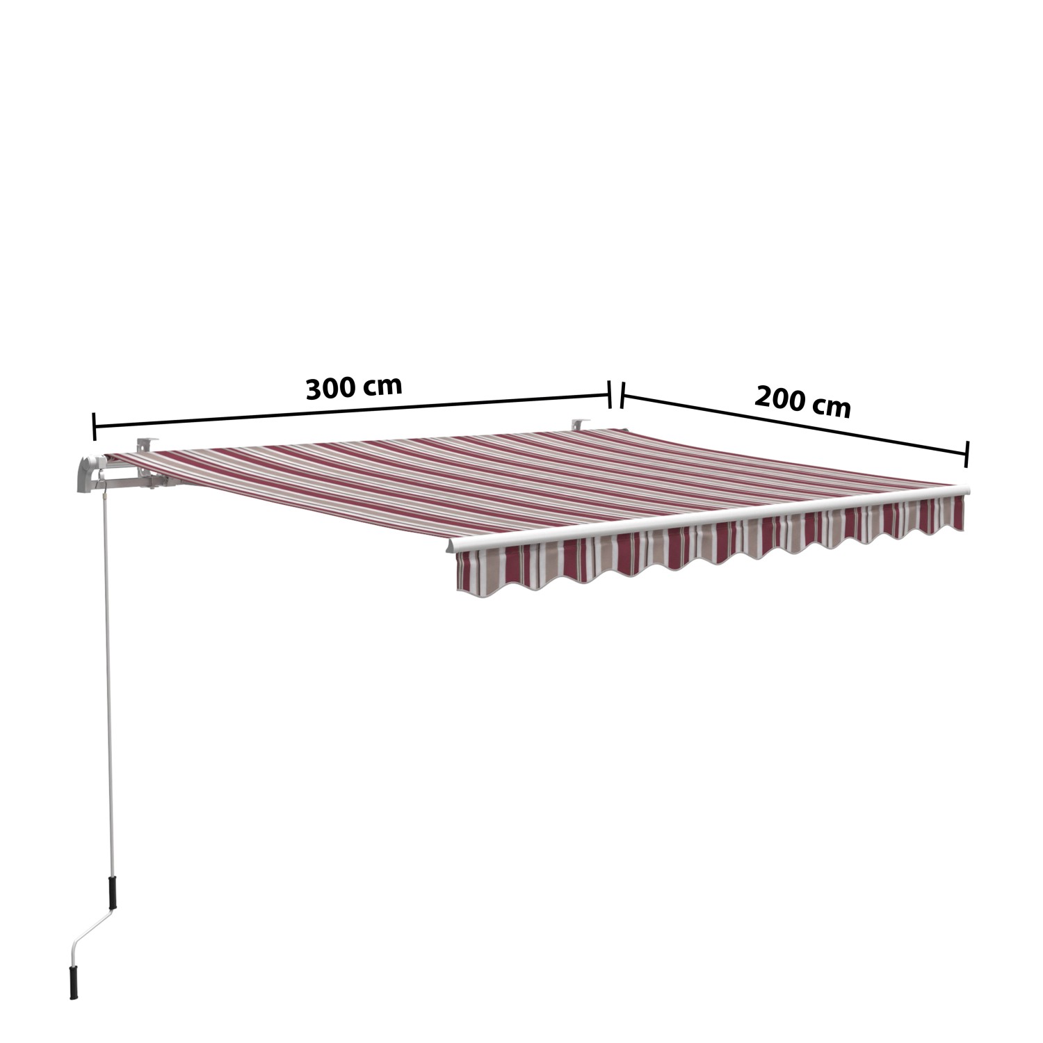 Gelenkarmmarkise Aventura 3x2m in Bordeaux-Beige-Weiß mit Streifenmuster.