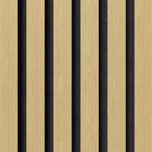 Akustikpaneel Muster Eiche unbehandelt mit schwarzem Filz. Holzpaneel für Wand und Decke.