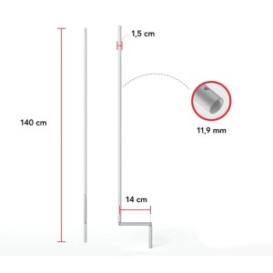 Weiße Bauheld Rollladen Kurbelstange, 140 cm lang, mit Maßangaben für Zapfen (11,9 mm) und Ausladung (14 cm).