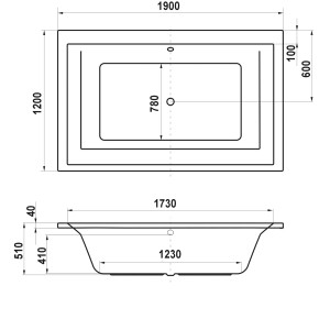 Skizze der Ottofond Whirlpool Space Exklusiv, 190x120 cm, weiße Whirlpool-Badewanne mit Maßen.