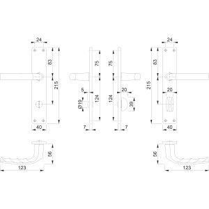 Technische Zeichnung: Hoppe Birmingham Bad- und WC-Garnitur, Alu Neusilber, Maße und Details.