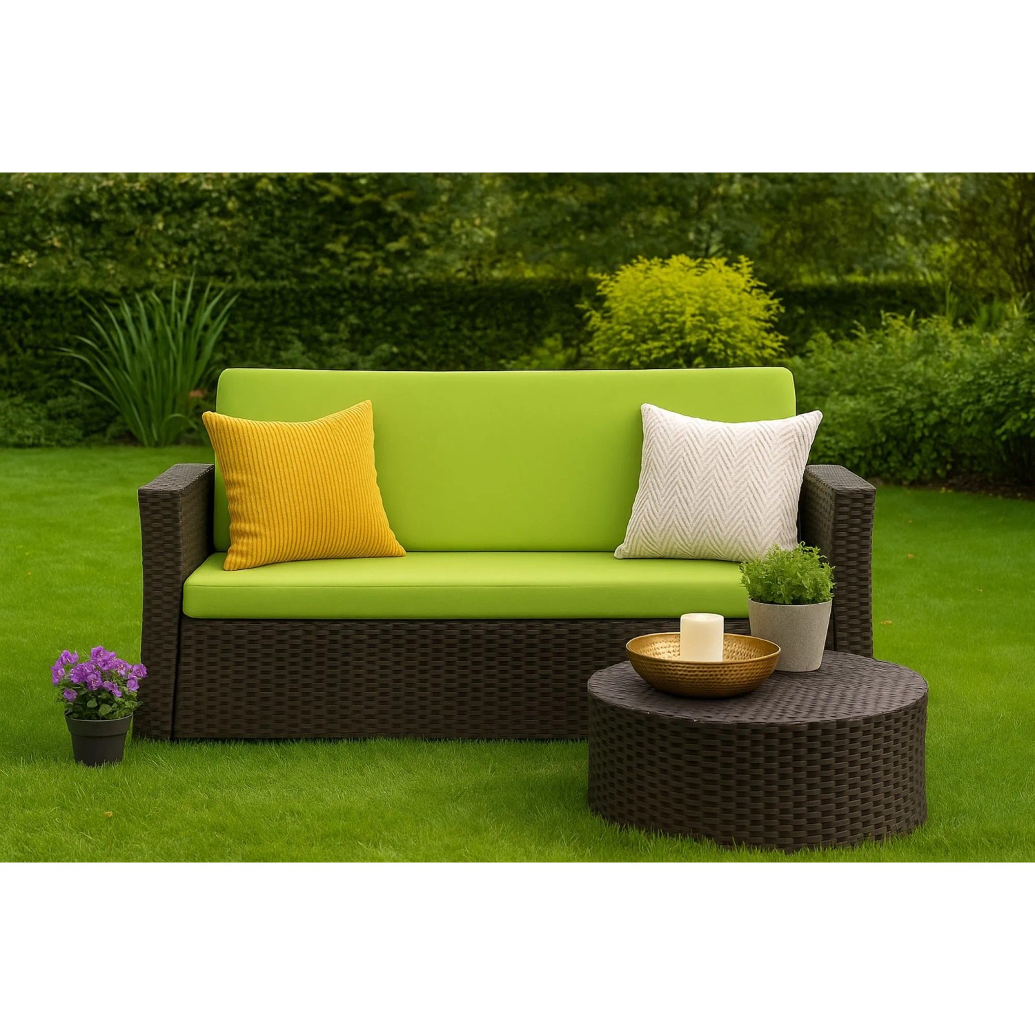 Gartensofa mit Auflagen und Kissen in Gelb und Weiß. Setgarden Techno Gartenkissen, Lemon.