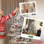 Frau schmückt beflockten HOMCOM Weihnachtsbaum (180 cm) mit roten Kugeln. Vorher/Nachher-Bilder zeigen volles Aussehen.