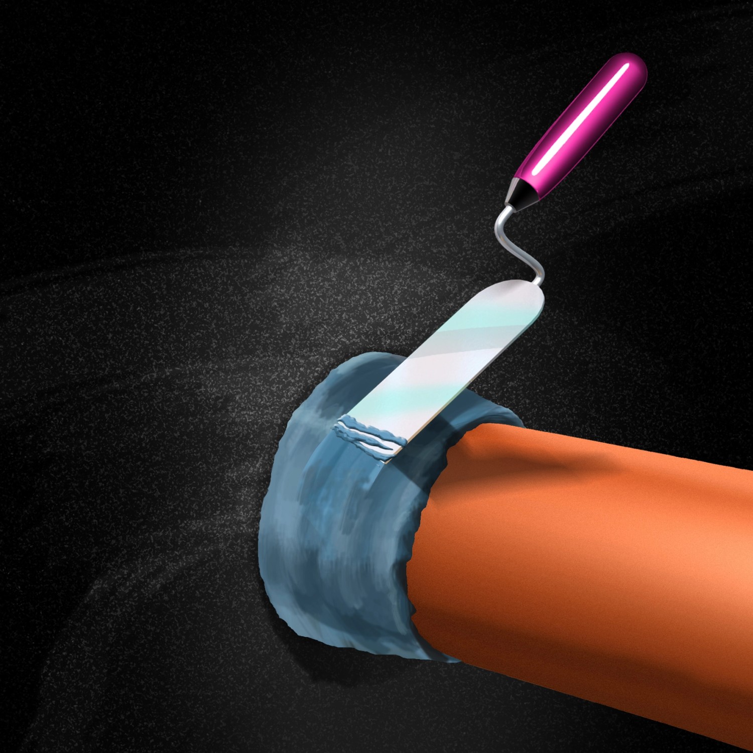 Auftragen von MEM Express-Dicht, einer blauen Bauabdichtung, mit einer Spachtel auf ein orangefarbenes Rohr.