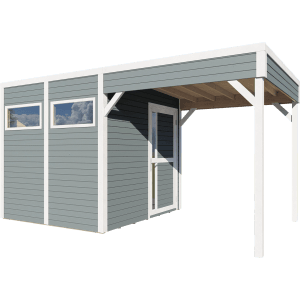 Modernes, hellgraues Bertilo Holz-Gartenhaus Cubus 2 Lounge mit Überdachung.