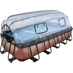 EXIT Wood Pool 540x250 mit Abdeckung und Wärmepumpe. Stahlrahmenpool im Holzdesign.