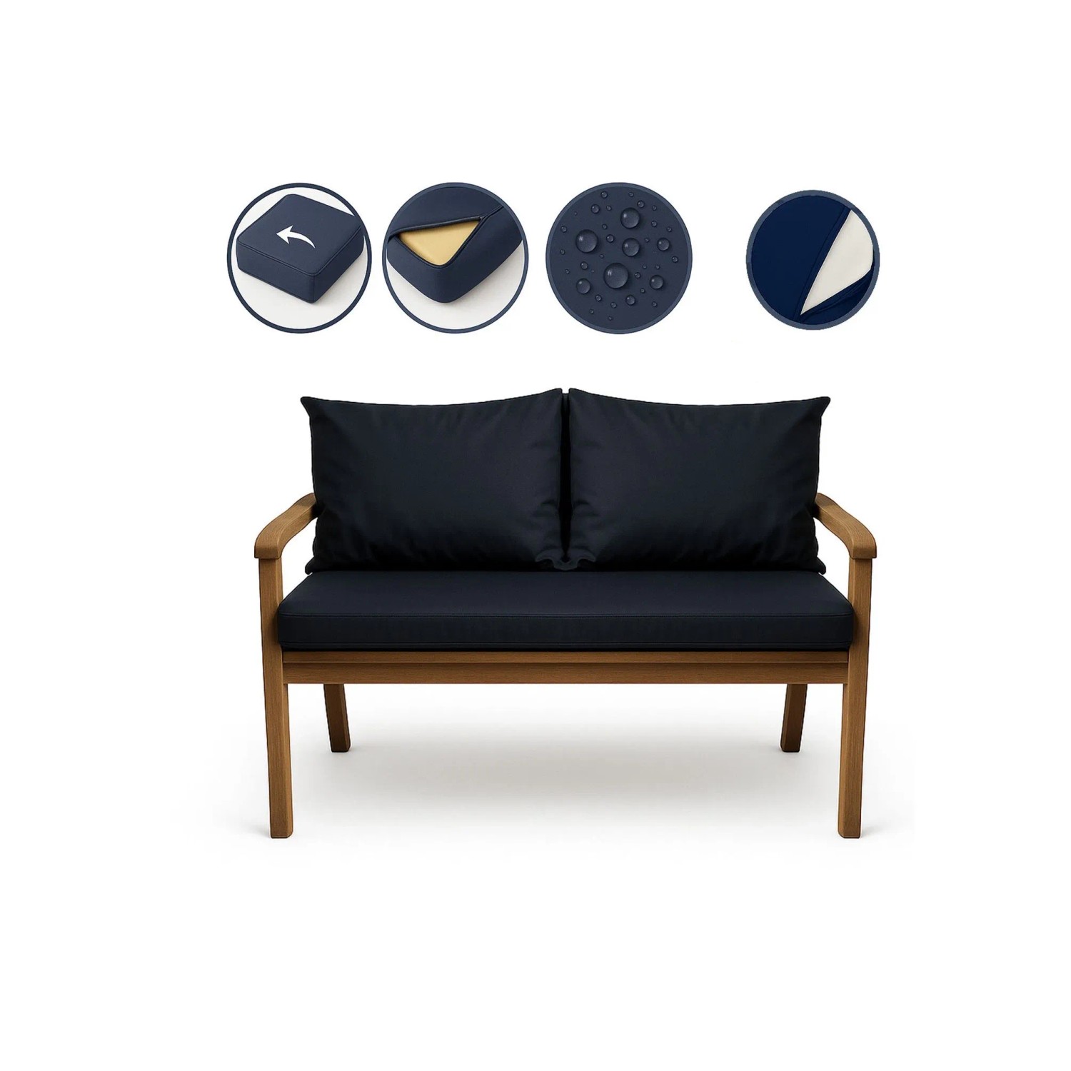 Marineblaues Bankkissen-Set für 2-Sitzer Gartenbank, 110x50 cm + 2 Rückenkissen.