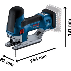 Bosch Professional Akku-Stichsäge GST 18 V-155 SC Solo, blau/schwarz, mit Maßangaben.