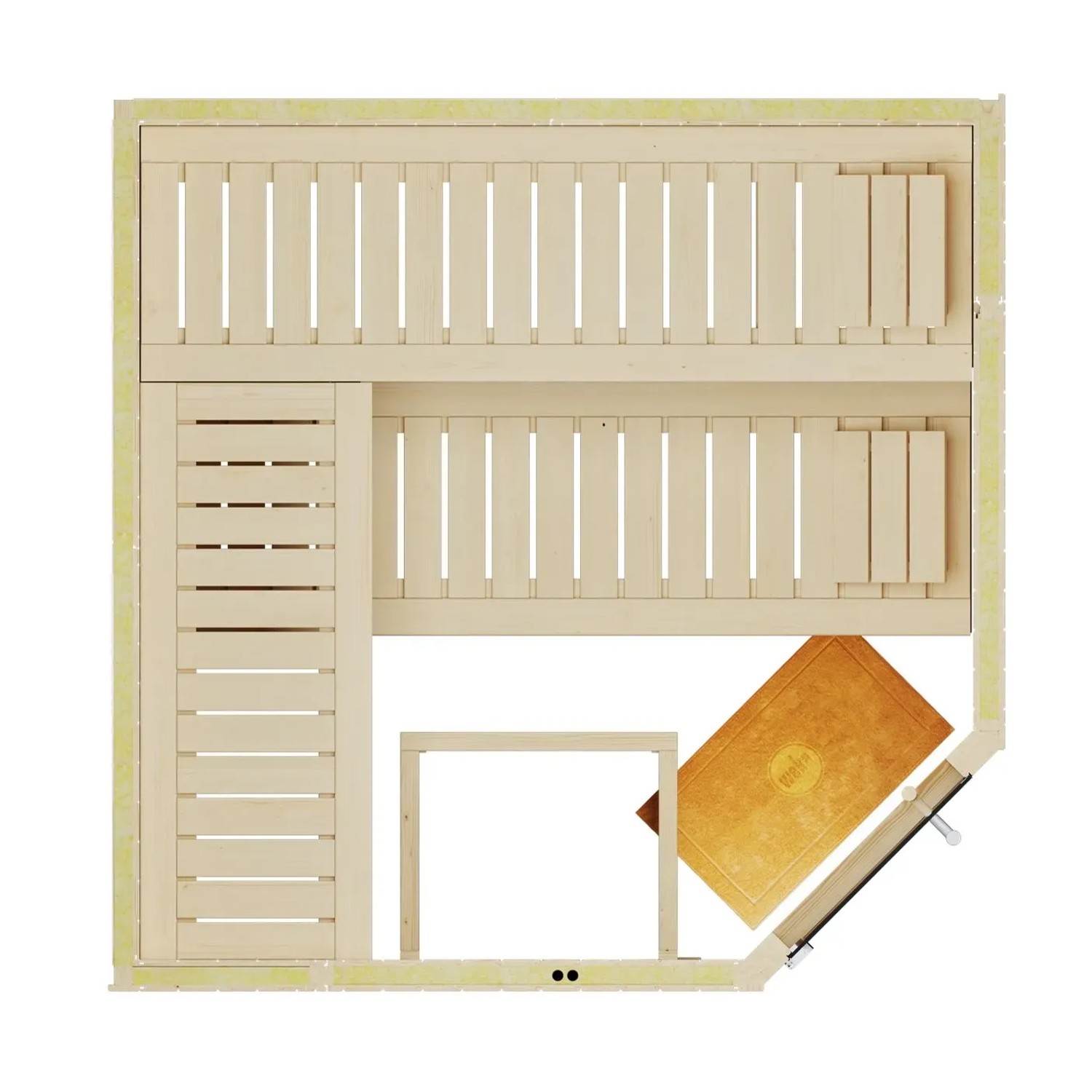 Weka Element-Ecksauna Varberg 3 ohne Ofen, Aufsicht mit Liegen, Glastür und Bodenmatte.