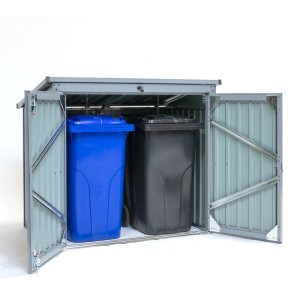 Westmann Müllbox 2-fach grau, offen mit zwei Mülltonnen (blau, schwarz).