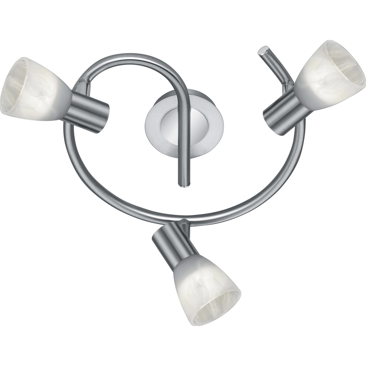 Trio LED-Deckenleuchte Levisto, Nickel matt, mit drei Strahlern und alabasterfarbenem Glas.