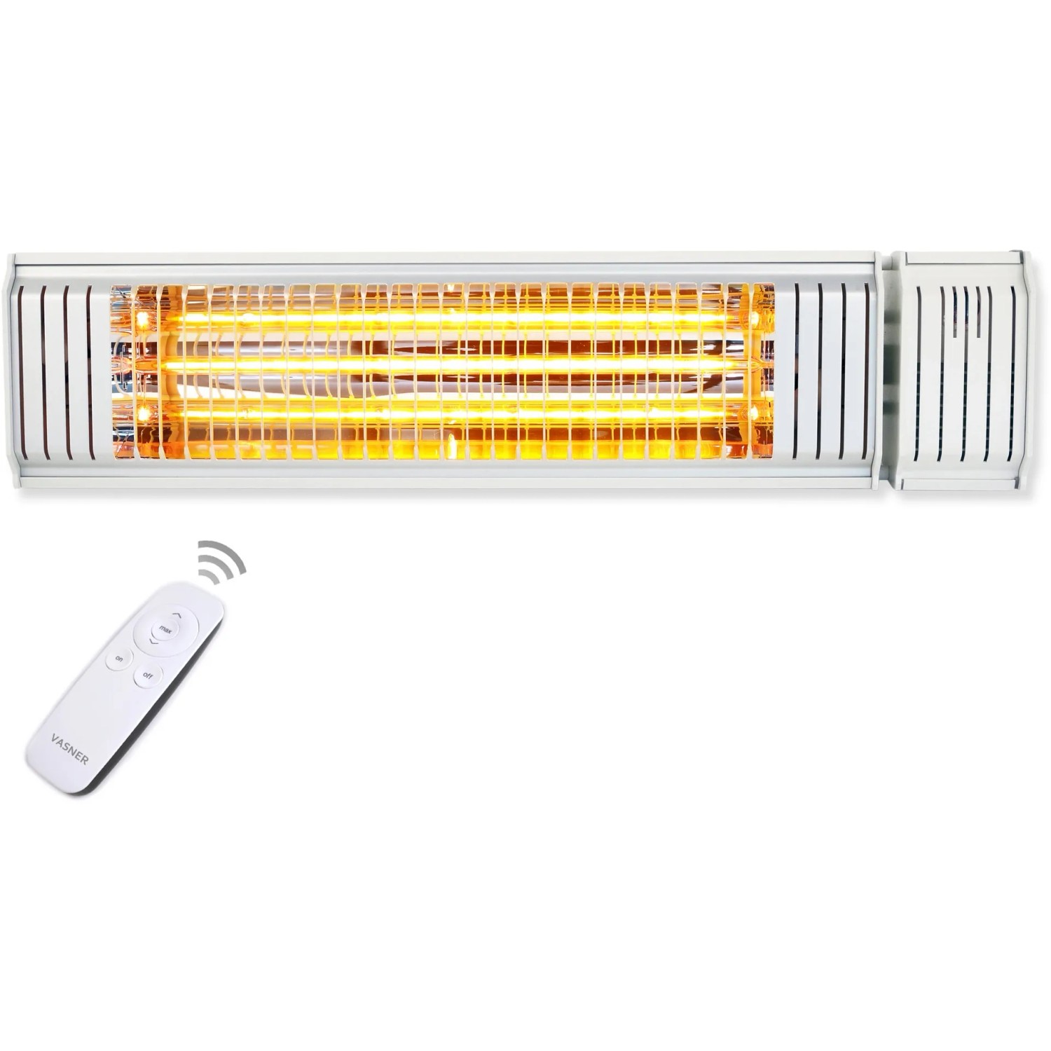 Weißer VASNER Appino 20 Bluetooth Infrarot-Heizstrahler 2000 W mit Fernbedienung.