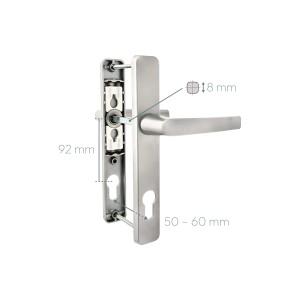 Panto Griffgarnitur Smart Line, Titansilber, 92 mm, Türbeschlag mit Maßangaben.