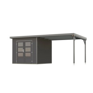 Karibu Gartenhaus Domingo 3 B mit Verlängerung in Grau-Alu: Holzgartenhaus mit Anbau.