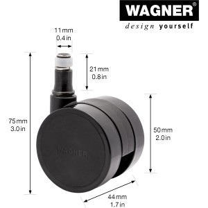 Schwarze Wagner Drehstuhl-Doppelrolle (Ø 5 cm) mit Maßangaben.