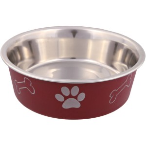 Jollypaw Edelstahlnapf, rot mit Pfote und Knochen, 0,45l, ø 14cm. Rutschfester Hundenapf.