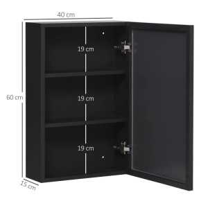 Schwarzer Kleankin Spiegelschrank aus Edelstahl, offen, mit 3 Fächern, 40x15x60 cm zur Wandmontage.