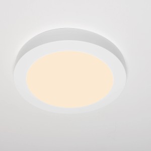 Weißer, runder LED Einbaustrahler, CCT dimmbar, Durchmesser 22 cm.