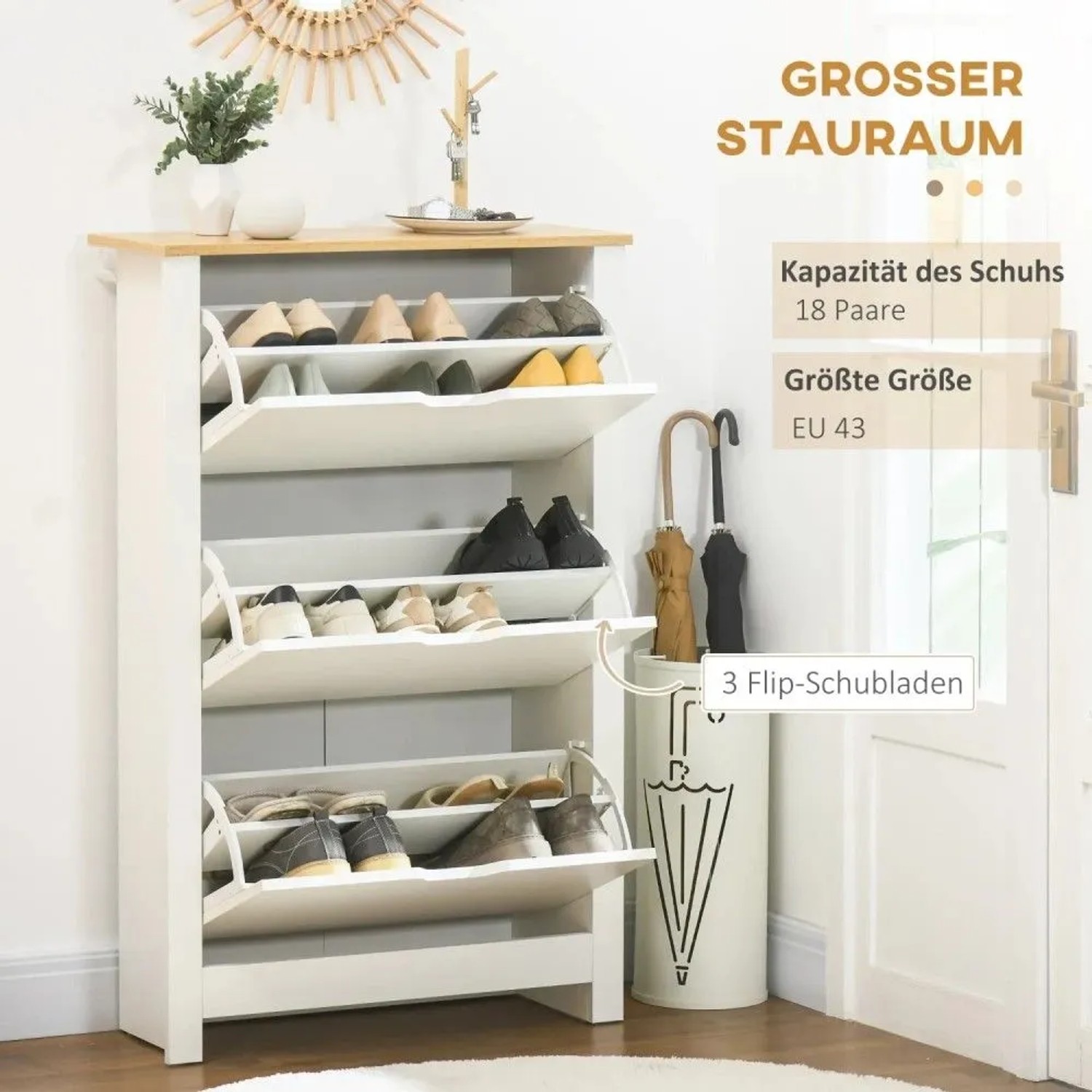 Weißer HOMCOM Schuhschrank mit 3 Klappen, heller Holzplatte. Geräumige Schuhkommode für bis zu 18 Paar Schuhe.