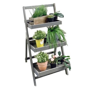 Graue, 3-stufige Blumentreppe (100x50x58,5 cm) mit Pflanzen, ideal für Balkon und Terrasse.