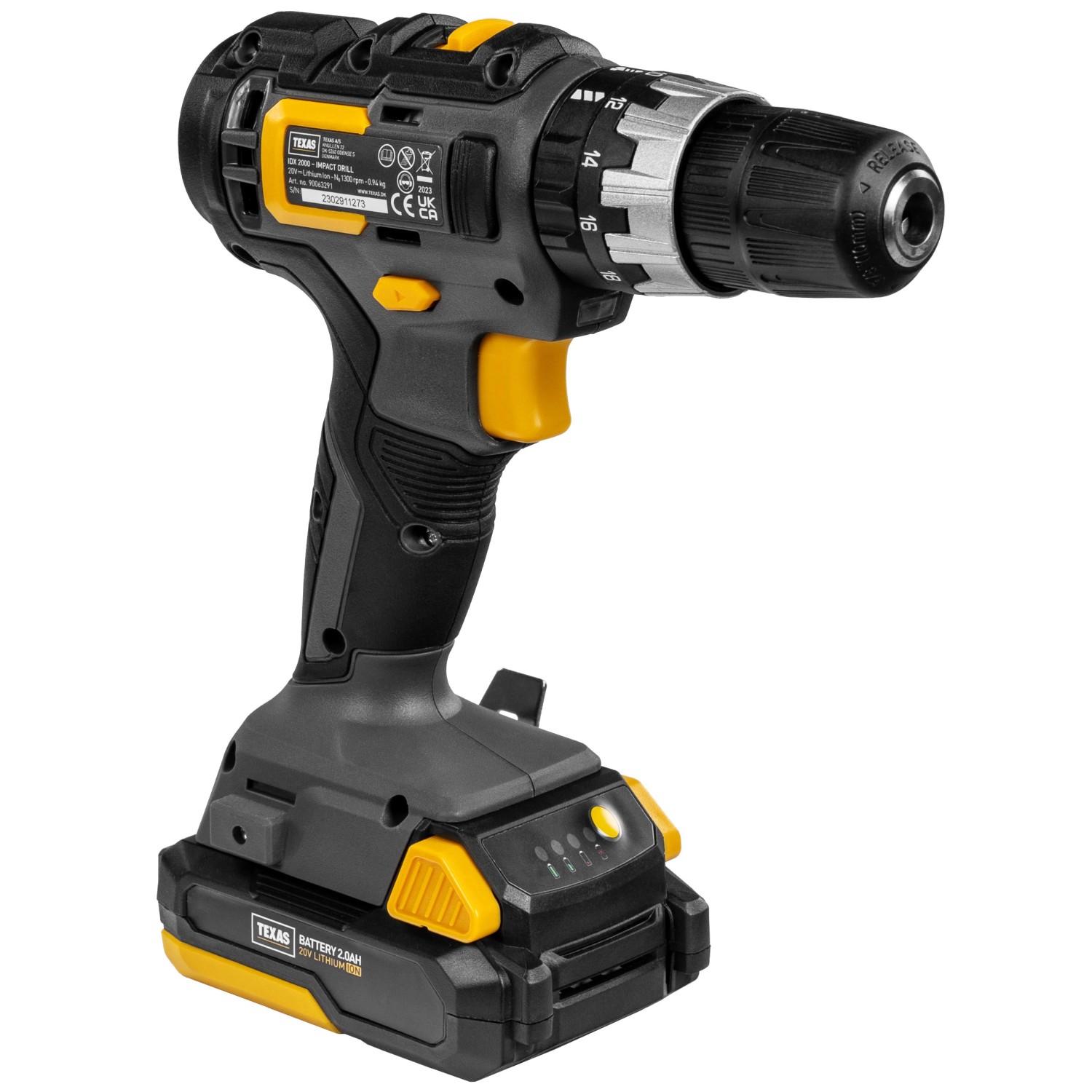 Texas 20V Akku-Schlagbohrmaschine IDX2000, Akkuschrauber in Grau und Gelb.