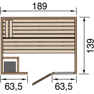 Grundriss Weka Massivholzsauna Valida 2 Sparset mit Maßen: 189x139x63,5 cm.