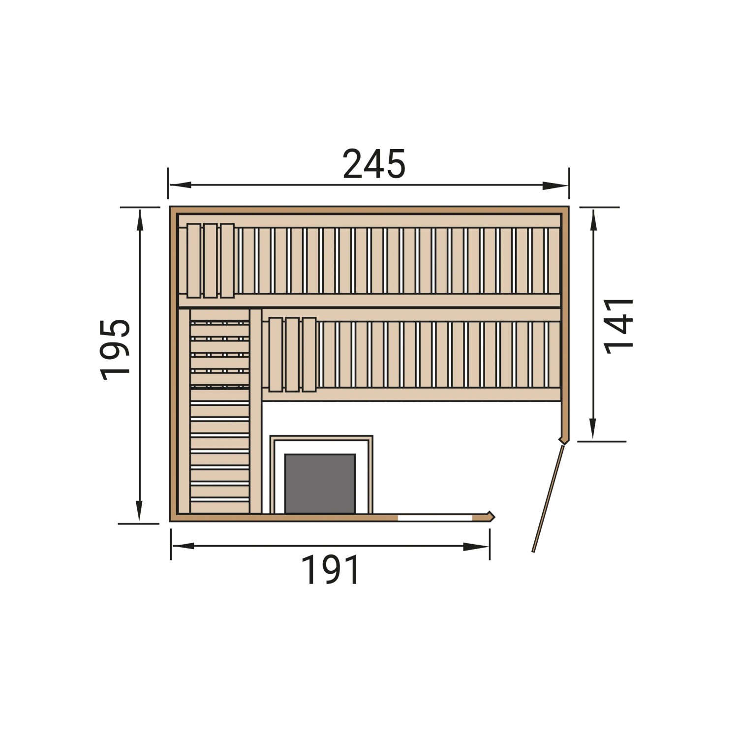 Grundriss der Weka Massivholzsauna Turku 3 Sparset mit Maßen.