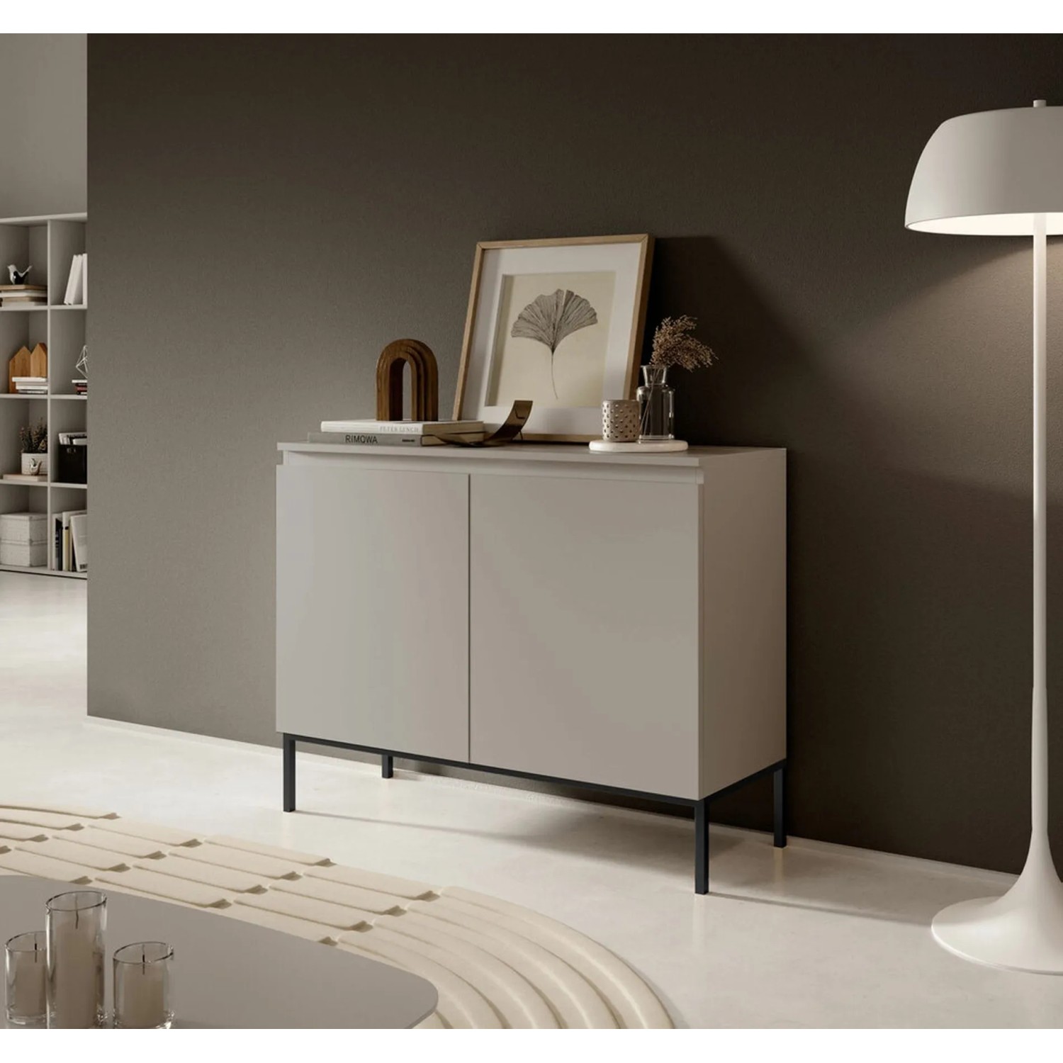 Selsey Sideboard Bemmi 100 cm, kaschmirgrau, mit 2 Türen und schwarzen Metallbeinen. Moderne Kommode für Wohnzimmer.