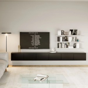 Schwarzes Selsey TV-Hängeboard Framme, 300 cm, wandmontiert, grifflos, unter TV im modernen Wohnzimmer.