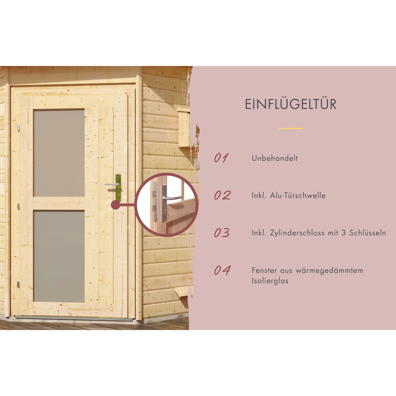 Detailansicht der Tür vom Karibu Saunahaus Hendrik 3: Einflügeltür aus Holz mit Milchglasfenster.