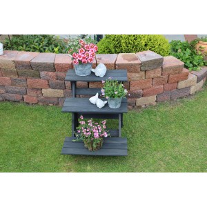 Kleine, anthrazitfarbene Blumentreppe mit drei Ebenen für Garten oder Balkon.