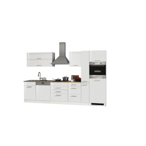Moderne, weiße Held Möbel Küchenzeile Mailand (330 cm) mit E-Geräten und hochglänzenden Fronten.