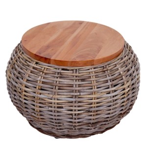 Runder MCW Beistelltisch M30 aus Rattan mit Mahagoni-Tischplatte.