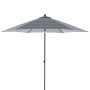 Doppler Marktschirm MyZone blau-grau mit Streifenmuster und Knickfunktion.