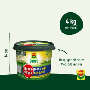 Compo Rasendünger Moos-Nein Danke! im 4 kg Eimer. Der Rasendünger beugt Moosbildung vor und sorgt für einen gesunden Rasen.