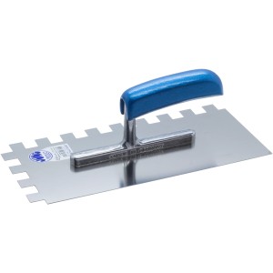 Gezahnte Glättekelle Rostfrei, 15x15mm, mit blauem Holzgriff für Fliesenleger- und Verlegearbeiten.