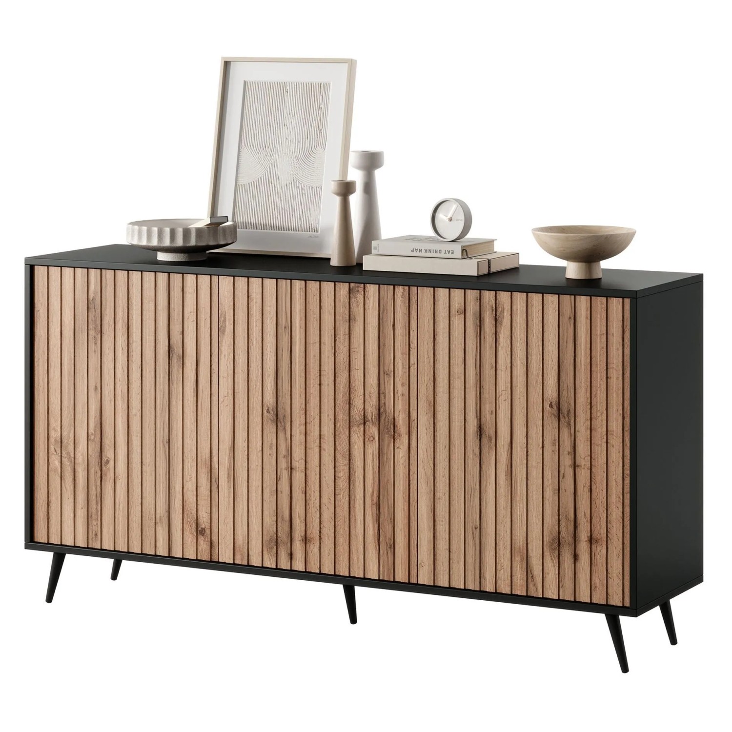 Selsey Sideboard Bello, 154 cm, mit mattschwarzem Korpus und Wotan-Eiche Lamellenfronten. Modernes Design mit schwarzen Füßen.