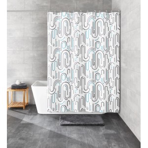 Kleine Wolke Duschvorhang Vision mit geometrischem Muster in Grau und Aqua, 180x200 cm.