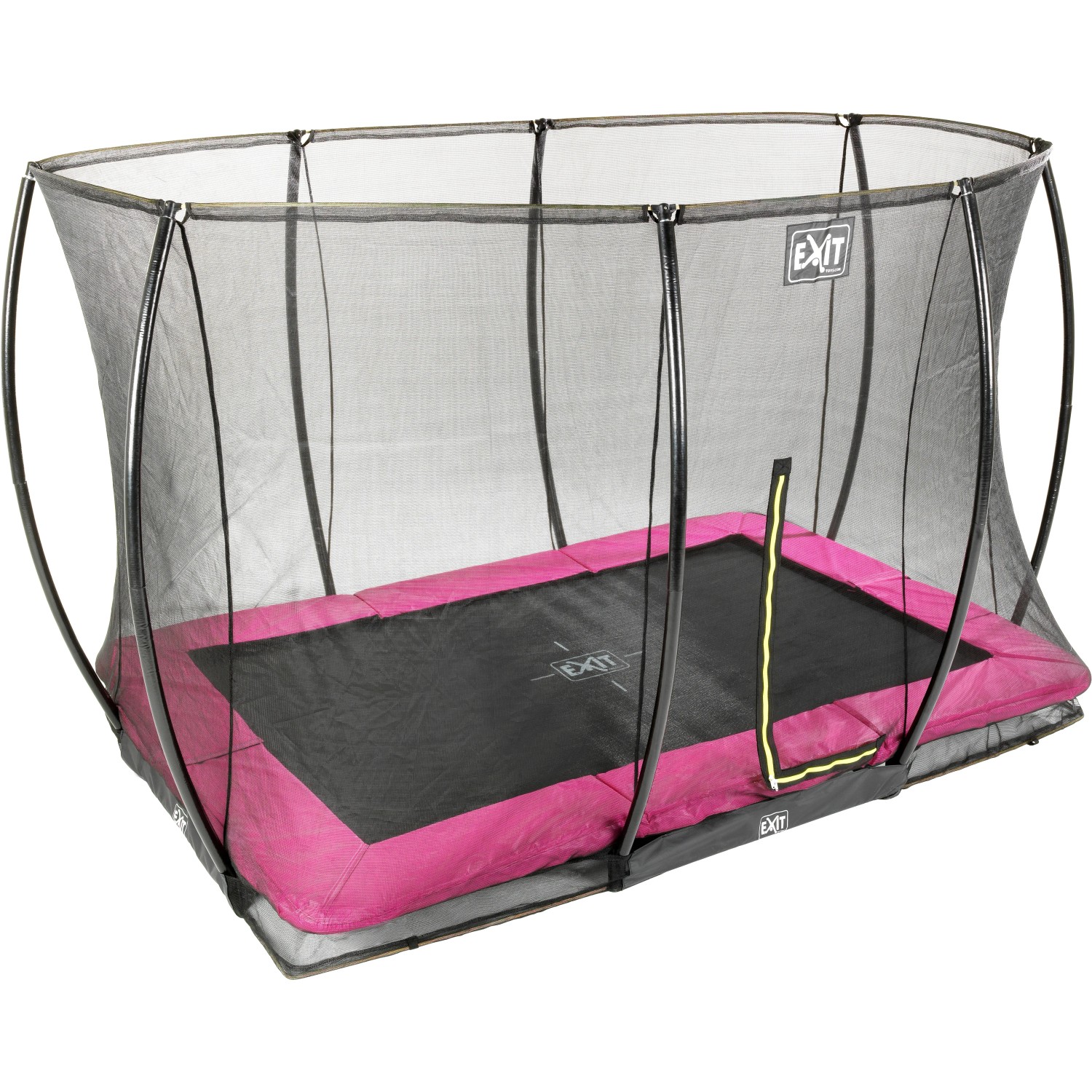 Rechteckiges EXIT Silhouette Bodentrampolin 214x305 cm in Rosa mit Sicherheitsnetz.