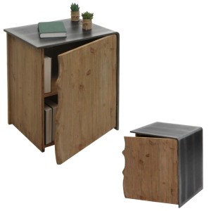 Beistelltisch MCW L76 aus Tannenholz mit Metall-Optik und Schrankfach, teilmontiert.