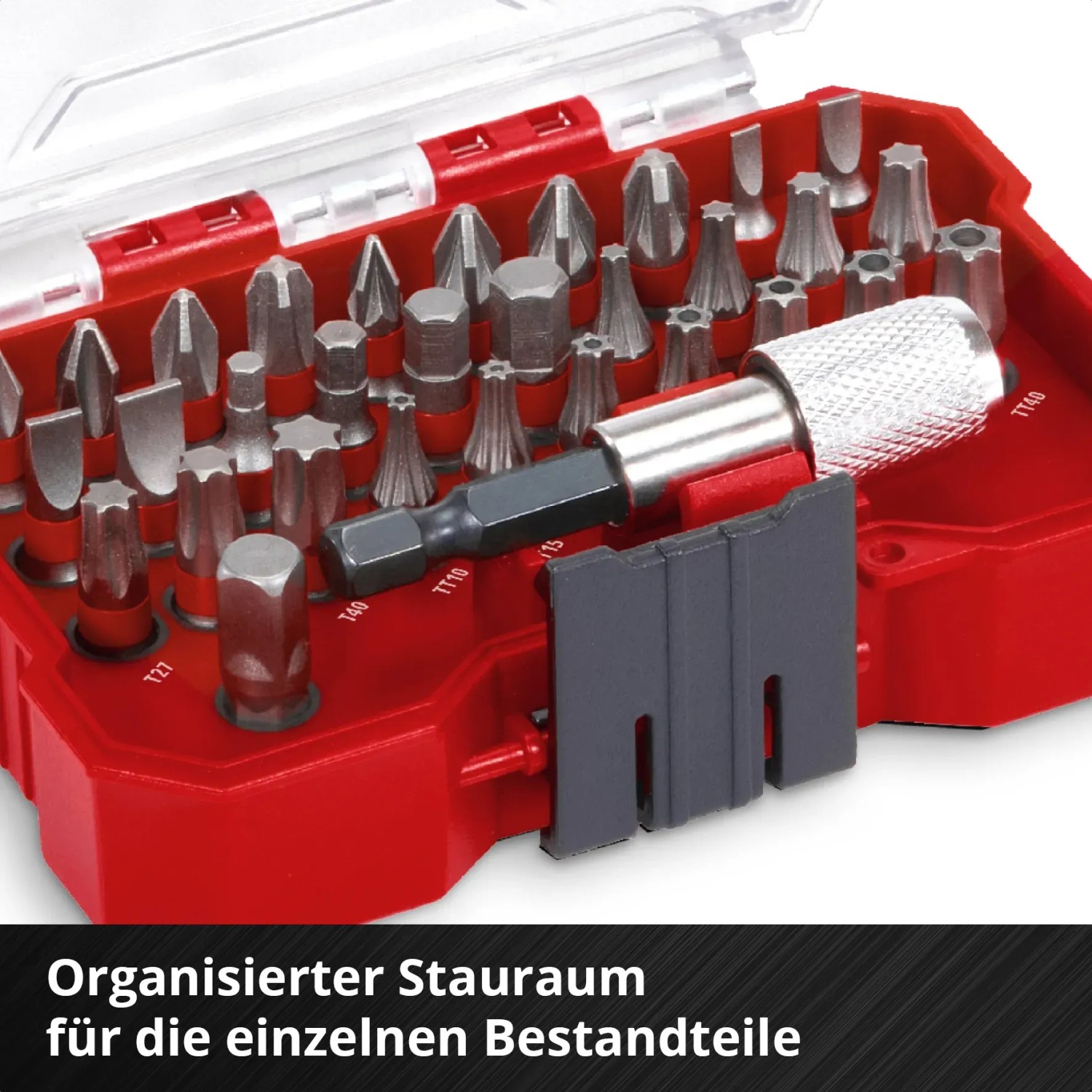 Einhell Bit-Set XS-Case, 30-teilig, mit verschiedenen Schraubenzieher-Bits und Bithalter in roter Aufbewahrungsbox.