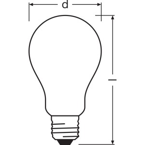 Technische Zeichnung Osram E27 LED Leuchtmittel, Glühlampenform mit Maßangaben.