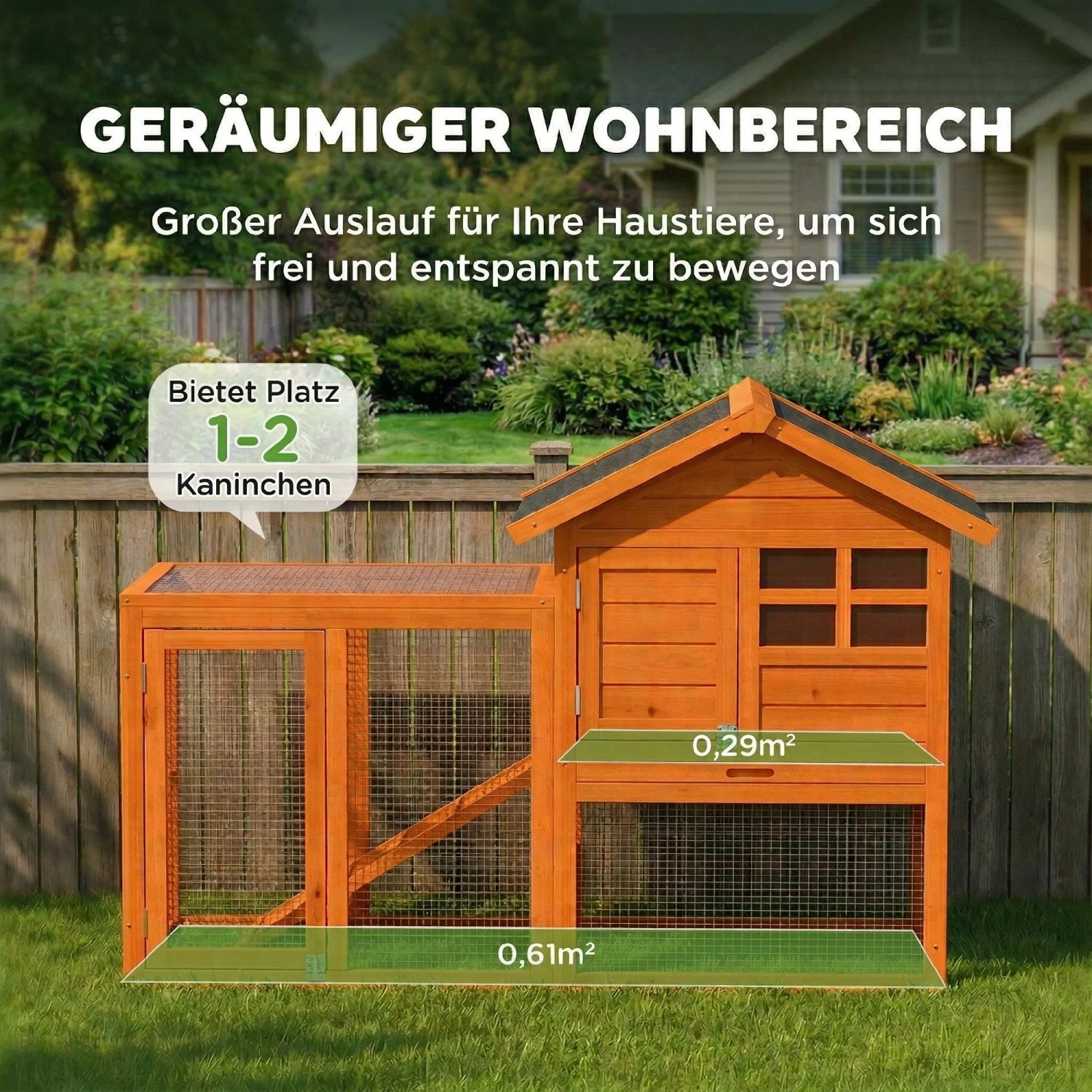 PawHut Kaninchenstall aus orangefarbenem Tannenholz mit großem Drahtauslauf und wetterfestem Dach im Garten.