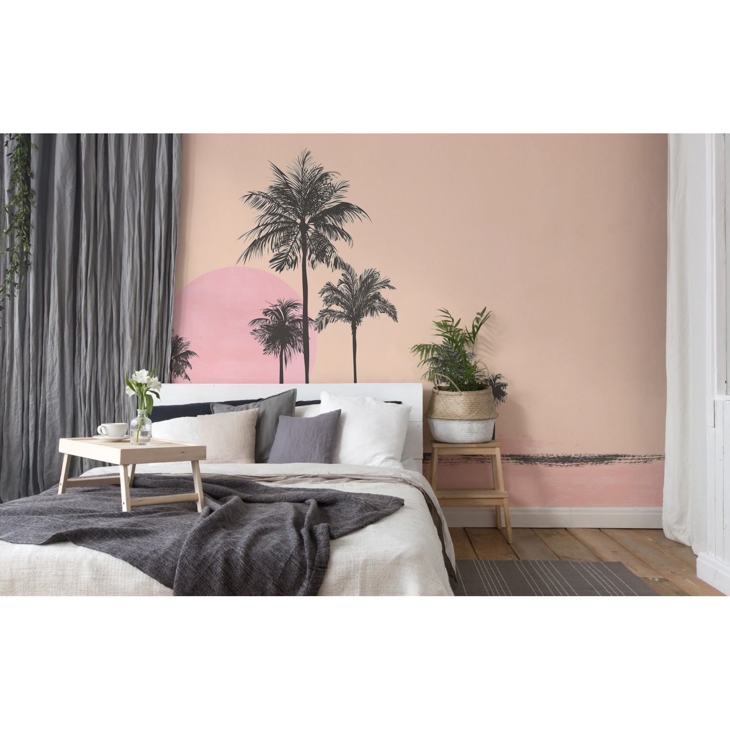 Fototapete mit Sonnenuntergang, Palmen in Rosa, Schwarz und Beige, 4,00x2,70m.