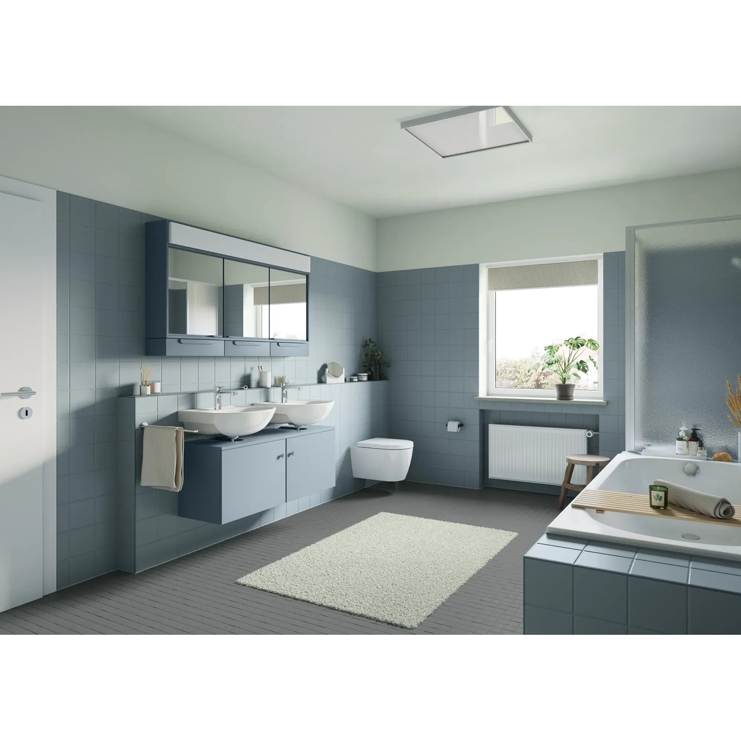 Modernes Badezimmer mit blauen Möbeln, gestrichen mit Alpina Möbel-Lack Tiefsee Seidenmatt.
