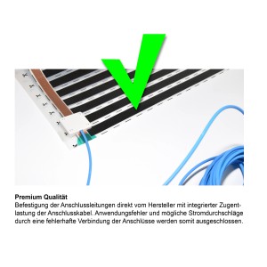 Perobe elektrische Temperierungsfolie, 3,3 m², mit blauem Anschlusskabel und grünem Haken.
