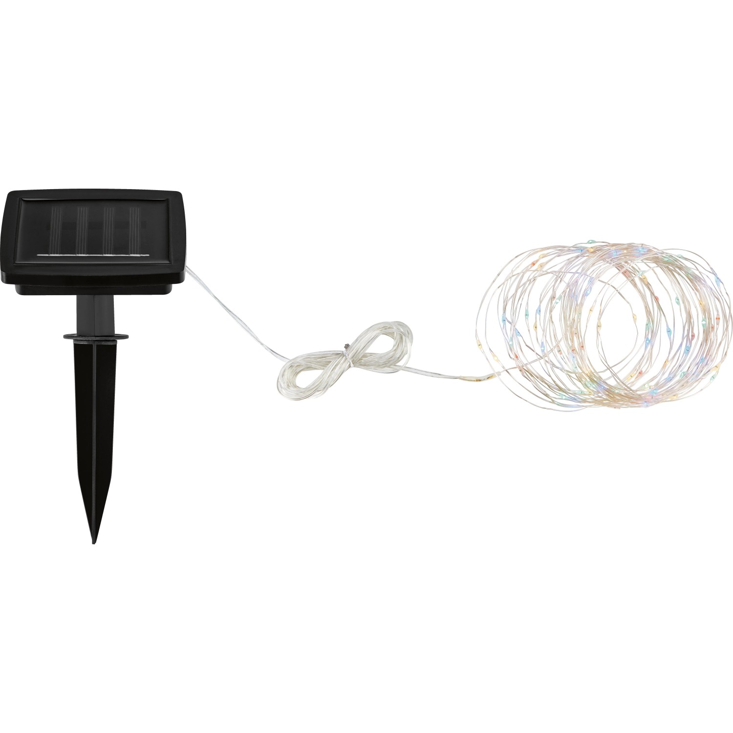 Solar-Lichterkette Longo, 11,9 m, mit Solarpanel und Erdspieß, mehrfarbig.