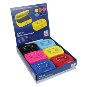 Bunte Basi Kinder Spardosen KSD 10 im Display. Sechs Geldkassetten mit Schloss, Griff und Münzfach.